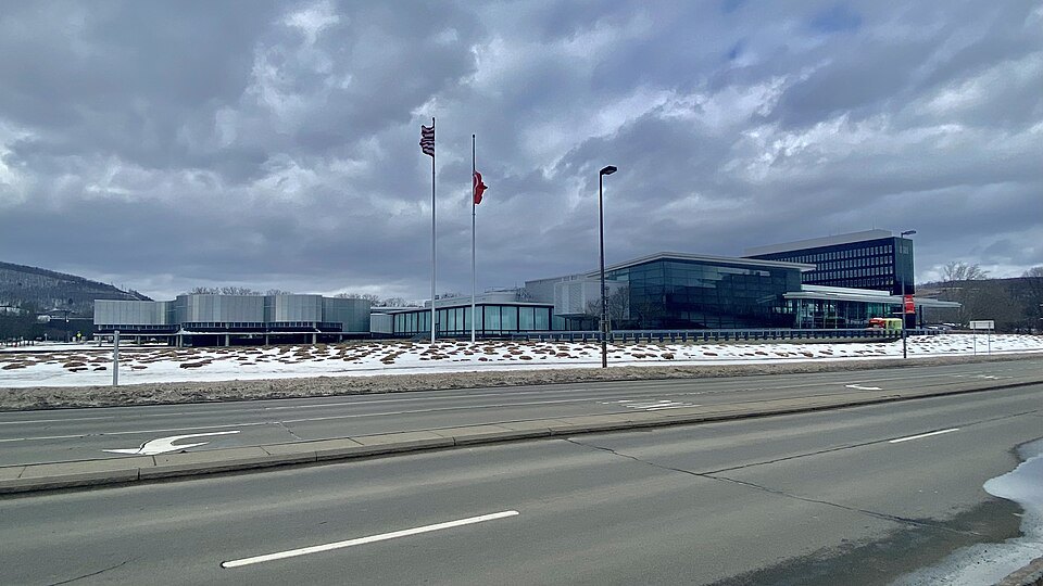 Corning Museum of Glass exterior on a winter afternoon in 2022.